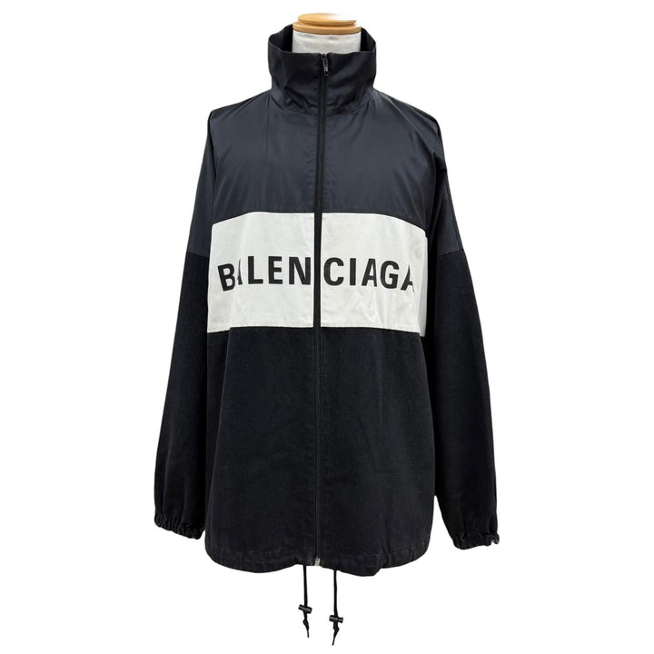 美品▼BALENCIAGA バレンシアガ 529213 ロゴプリント デニム切替 オーバーサイズ ZIPUP ポプリンシャツ トラックジャケット 34 正規品