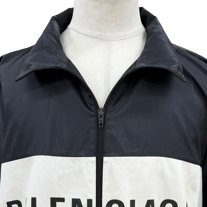 美品▼BALENCIAGA バレンシアガ 529213 ロゴプリント デニム切替 オーバーサイズ ZIPUP ポプリンシャツ トラックジャケット 34 正規品