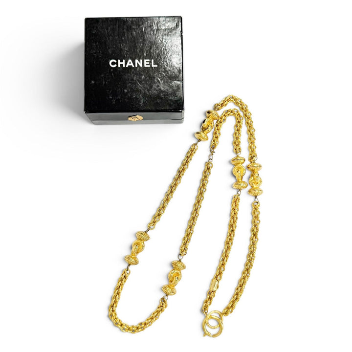 良品△CHANEL シャネル ヴィンテージ GP ココマーク デザインパーツ付き ロング チェーン ネックレス ゴールド レディース