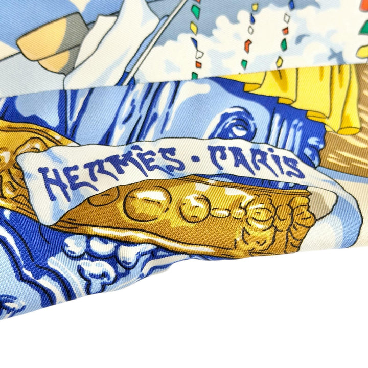 美品△HERMES エルメス ヴィンテージ シルク100％ PRIERES AU VENT 風の中の祈り ロゴボタン ジレ ベスト マルチカラー 40 仏製 正規品