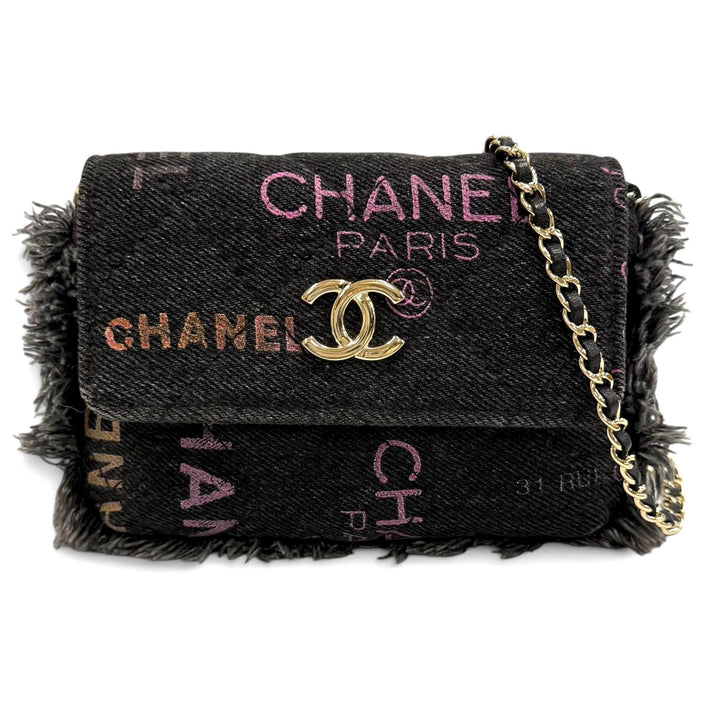 極美品★CHANEL シャネル ココマーク ミニマトラッセ デニム レザーチェーン フリンジ バッグ ショルダーバッグ ブラック 箱・保存袋付