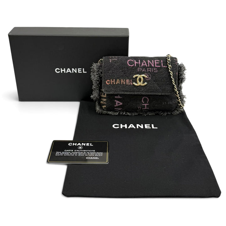 極美品★CHANEL シャネル ココマーク ミニマトラッセ デニム レザーチェーン フリンジ バッグ ショルダーバッグ ブラック 箱・保存袋付