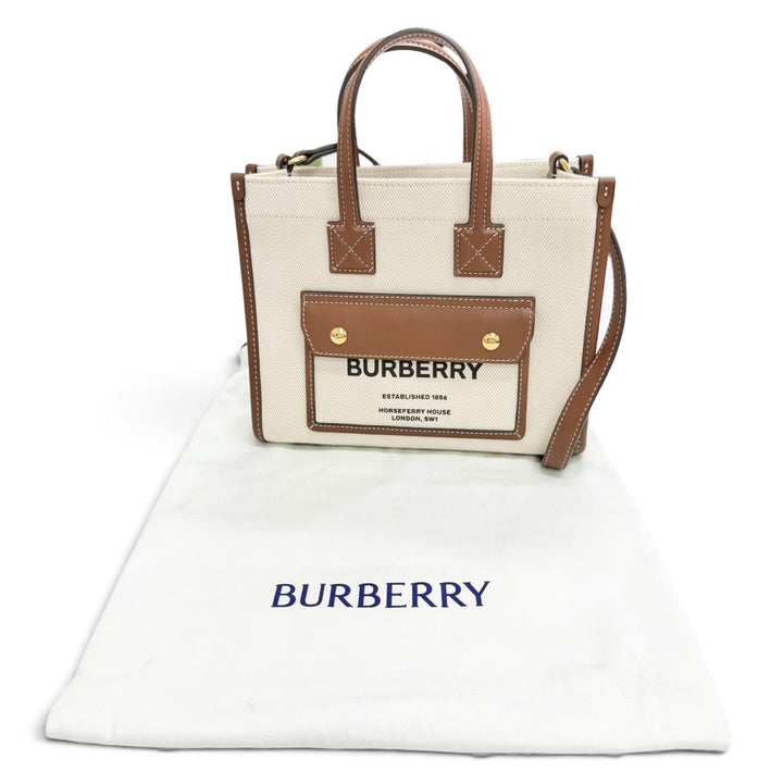 極美品△BURBERRY バーバリー 8044143 ミニ フレヤ トート コットン リネン キャンバス レザー 2WAY ショルダーバッグ 伊製 定価192500円