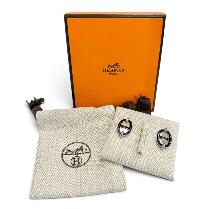 美品△HERMES エルメス H100052FP03 ミニ マイヨン シルバリー シェーヌダンクル ピアス アクセサリー 両耳用 シルバー ブラック 箱 袋付