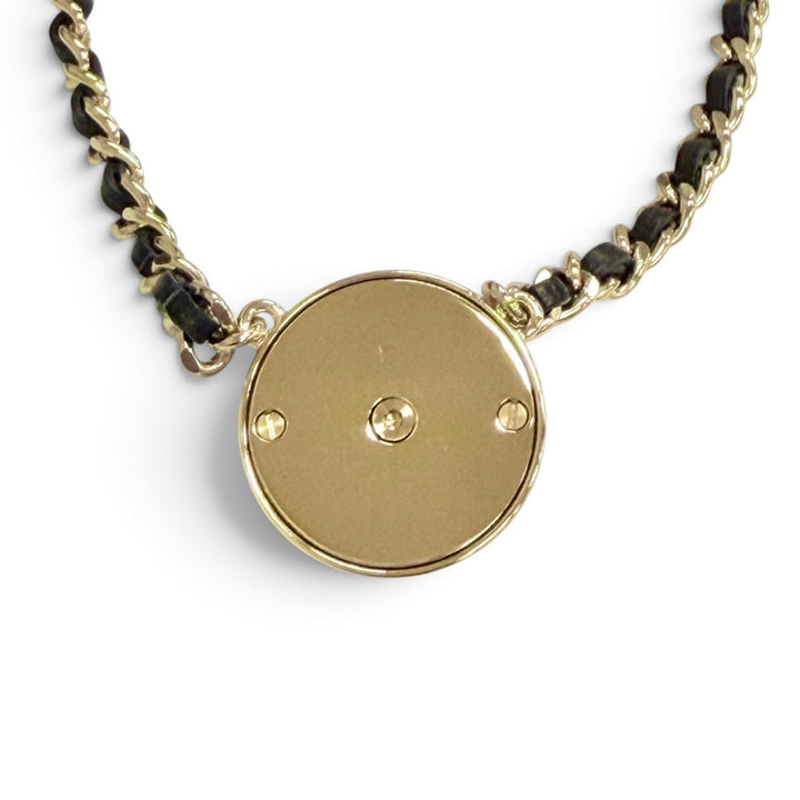 美品△CHANEL シャネル B25A ココマーク カメリア レザー チェーン ネックレス チョーカー ゴールド ブラック 伊製 レディース 箱付き