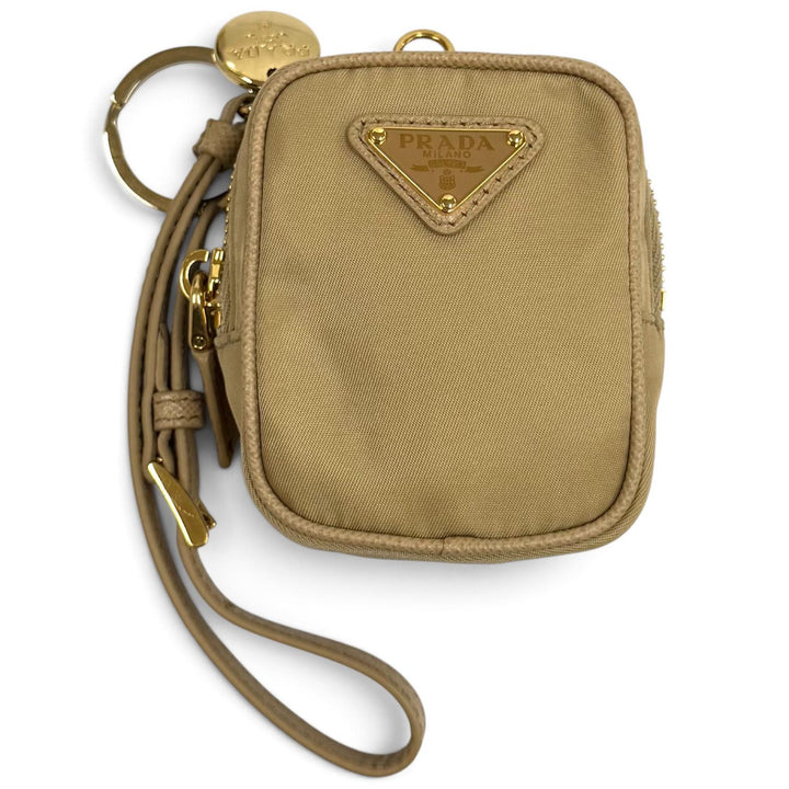 美品★PRADA プラダ 1TT200 リストレット付 トライアングルロゴ ミニポーチ ベージュ イタリア製 レディース 箱付き