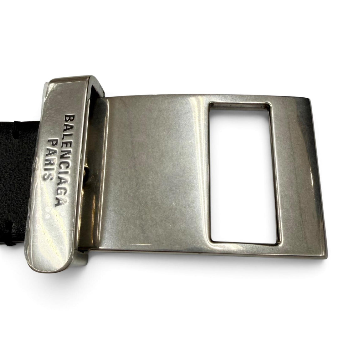 極美品▼BALENCIAGA バレンシアガ 788012 レザー クリップ ロゴ刻印入りバックル ベルト ブラック シルバー金具 85 イタリア製 メンズ