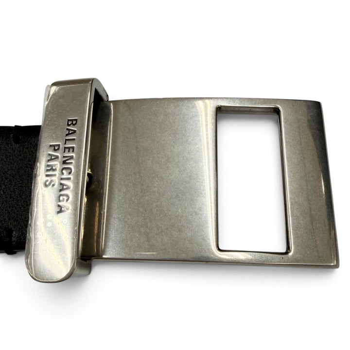 極美品▼BALENCIAGA バレンシアガ 788012 レザー クリップ ロゴ刻印入りバックル ベルト ブラック シルバー金具 85 イタリア製 メンズ