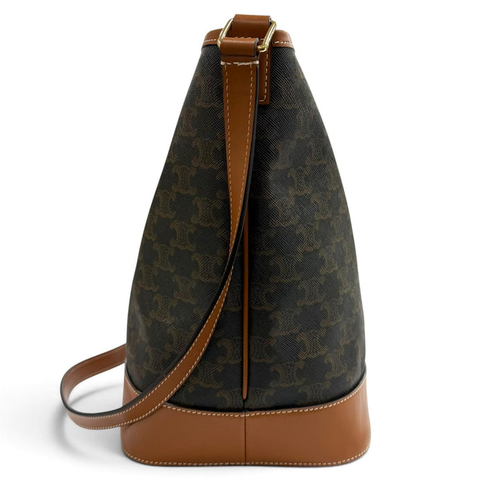 美品★CELINE セリーヌ 19113 タン ブラウン トリオンフ ミディアム バケット レザー ショルダーバッグ イタリア製 レディース 保存袋付