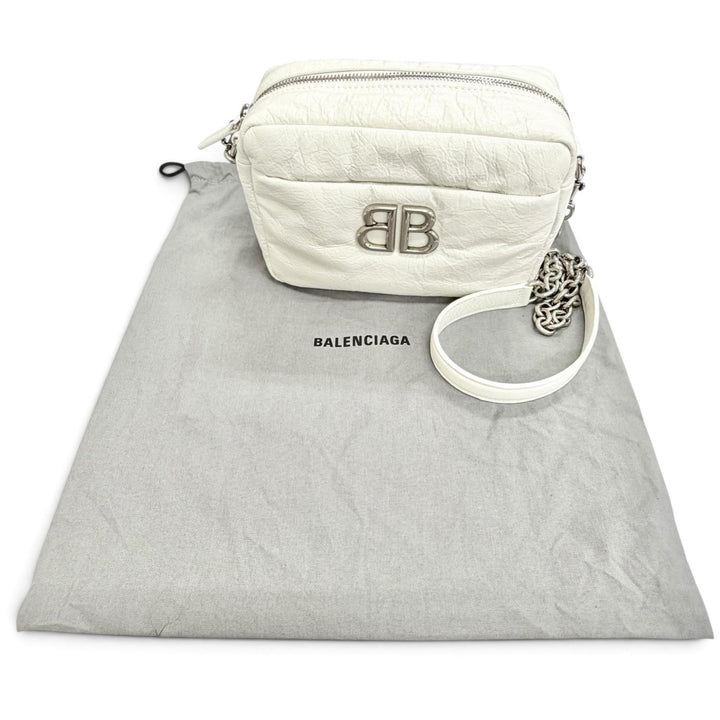 極美品△BALENCIAGA バレンシアガ 806459 MONACO モナコ アリーナカーフスキン BB金具 チェーン ショルダーバッグ ホワイト シルバー金具