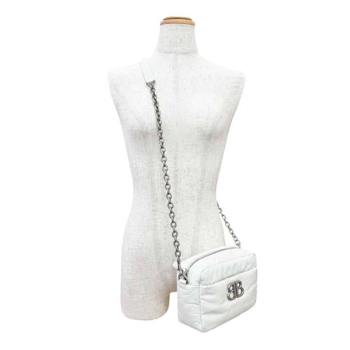 極美品△BALENCIAGA バレンシアガ 806459 MONACO モナコ アリーナカーフスキン BB金具 チェーン ショルダーバッグ ホワイト シルバー金具