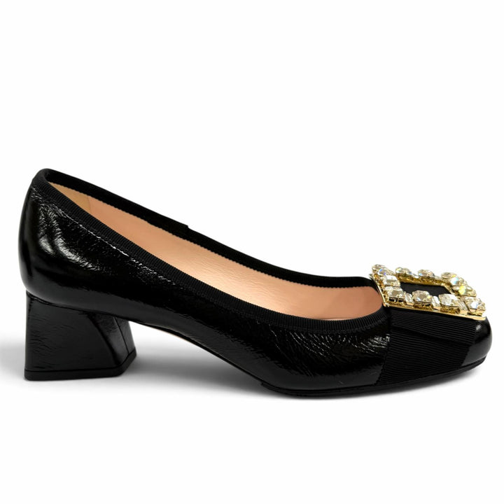 極美品☆ROGER VIVIER ロジェヴィヴィエ Tres Vivier ストラスバックル レザー パンプス ブラック 36.5 イタリア製 レディース 保存袋付