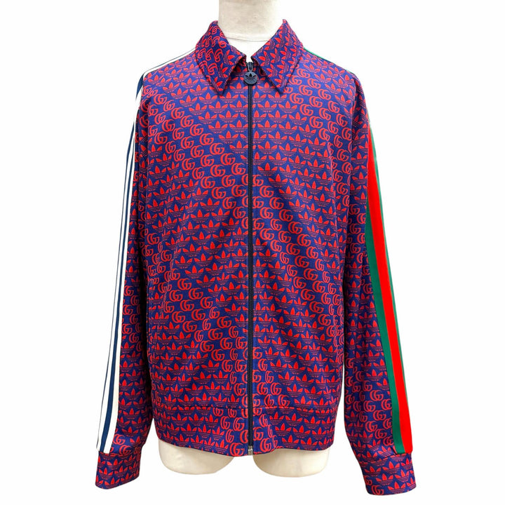 極美品▼GUCCI adidas グッチ アディダス 692112 ウェブライン ロゴ総柄 ZIPUP ブルゾン トラックジャケット レッド ネイビー XL 正規品