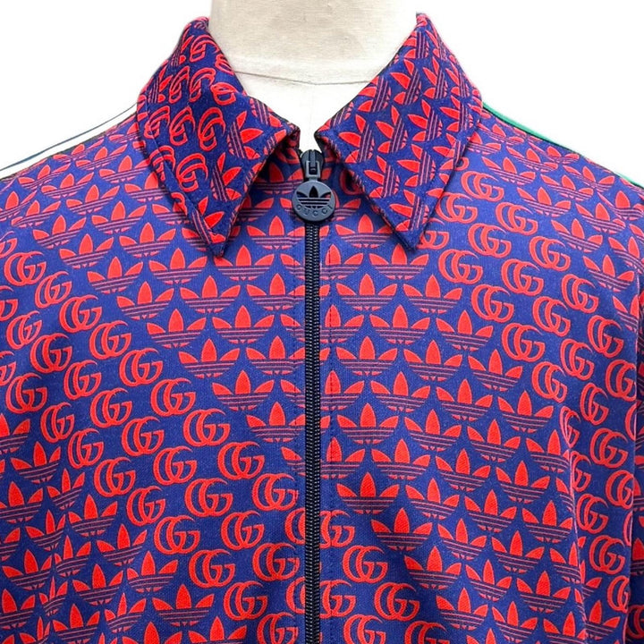 極美品▼GUCCI adidas グッチ アディダス 692112 ウェブライン ロゴ総柄 ZIPUP ブルゾン トラックジャケット レッド ネイビー XL 正規品