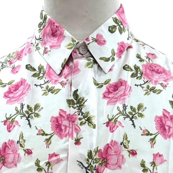 極美品▼DIOR ディオール オム 193C545A5630 シルク100% フラワーロゴプリント ショートスリーブ 比翼仕立 半袖シャツ 39 正規品 メンズ