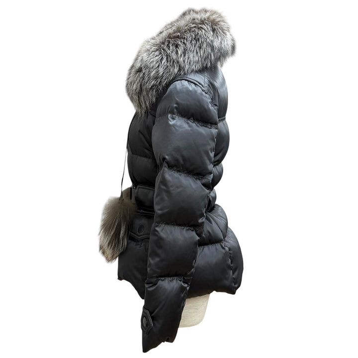 極美品★PRADA プラダ 29X275 ロゴベルト付 フォックスファー レザー使い ZIP UP ダウンジャケット ダークグレー 40 正規品 レディース
