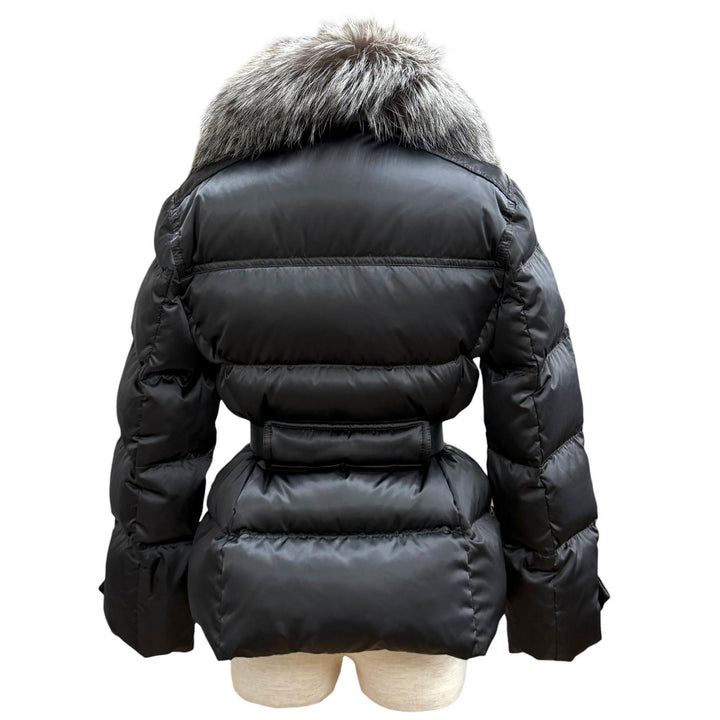 極美品★PRADA プラダ 29X275 ロゴベルト付 フォックスファー レザー使い ZIP UP ダウンジャケット ダークグレー 40 正規品 レディース
