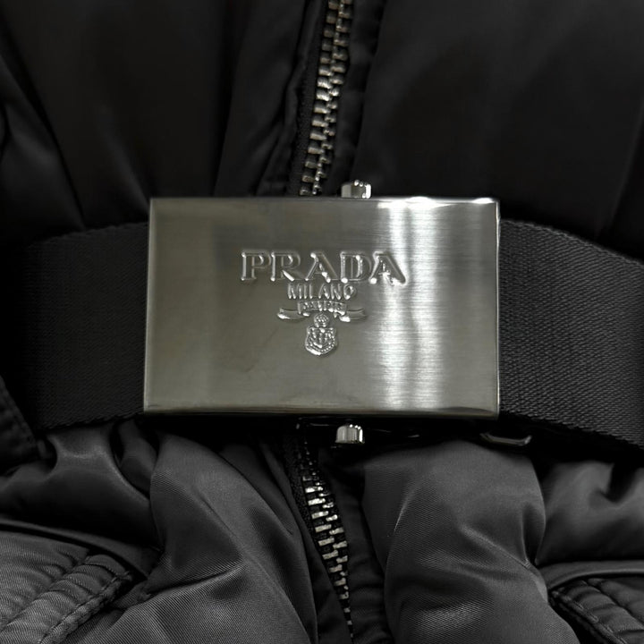 極美品★PRADA プラダ 29X275 ロゴベルト付 フォックスファー レザー使い ZIP UP ダウンジャケット ダークグレー 40 正規品 レディース