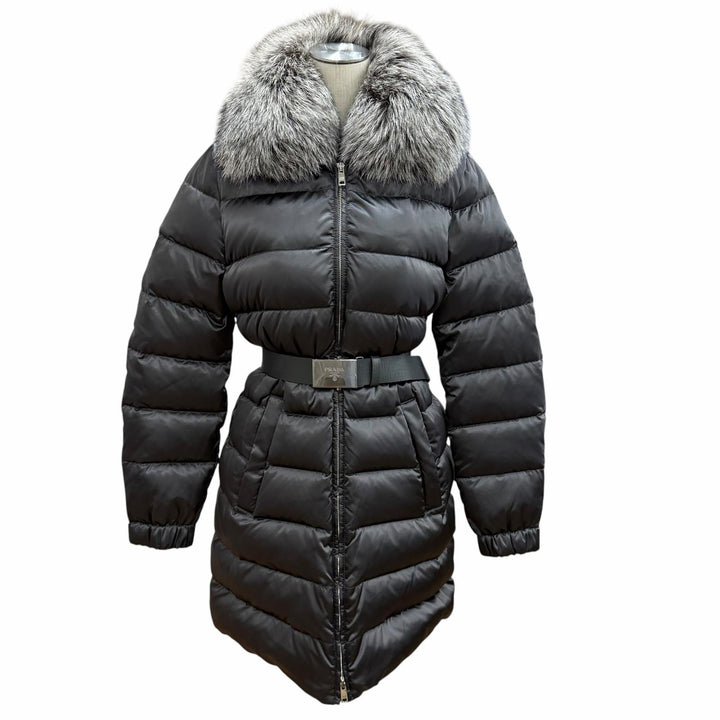 極美品★PRADA プラダ 28G062 フォックスファー・ロゴベルト付 ZIP UP ダウンコート ダウンジャケット グレー 42 正規品 レディース