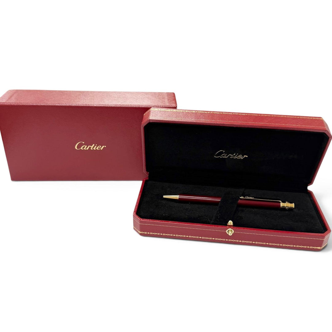 未使用品□Cartier カルティエ サントス ドゥ カルティエ ツイスト式 ボールペン ボルドー ゴールド スイス製 メンズ 筆記確認済み 箱付