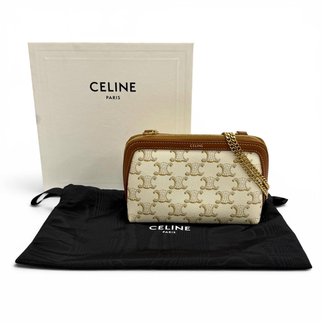 極美品★CELINE セリーヌ 10E382CBX トリオンフキャンバス ロゴ入り チェーンクラッチ バッグ ショルダーバッグ 箱・保存袋付