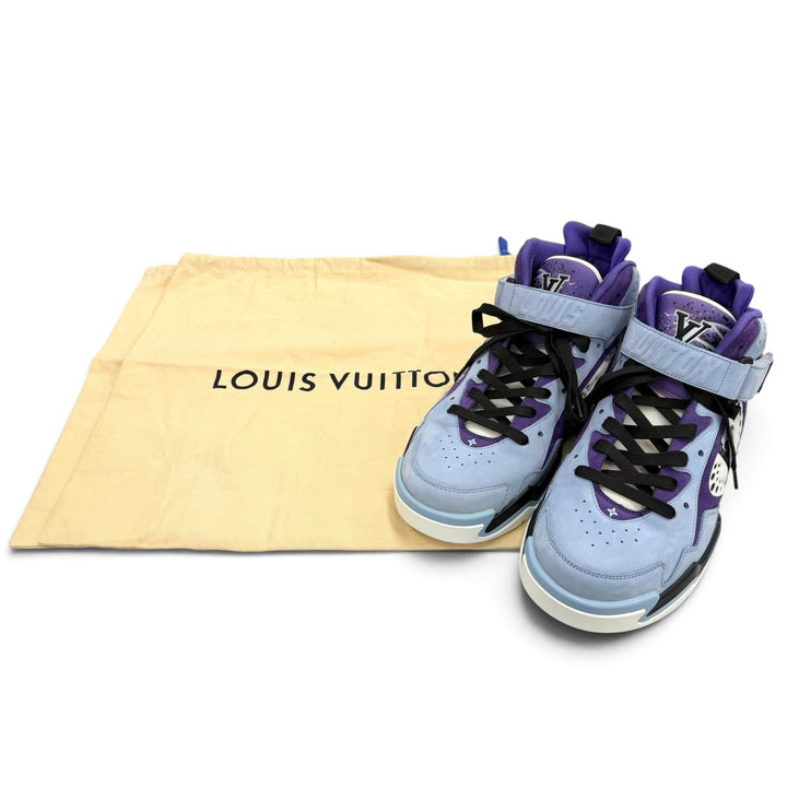美品▼LOUIS VUITTON ルイヴィトン 1AAHEM LVトレイナー2 ライン スウェードレザー マリーヌ ハイカットスニーカー ブルー パープル 7.5