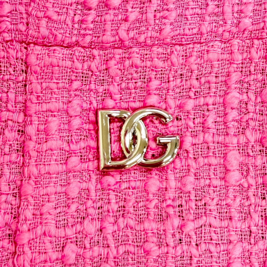 極美品△DOLCE&amp;GABBANA ドルチェ＆ガッバーナ ウール 黒タグ 裏地レオパード柄 ロゴ金具 半袖 ツイードワンピース ピンク 42 伊製 正規品