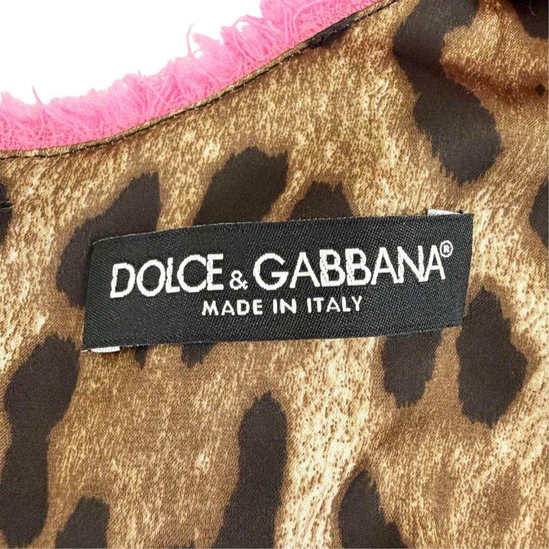 極美品△DOLCE&amp;GABBANA ドルチェ＆ガッバーナ ウール 黒タグ 裏地レオパード柄 ロゴ金具 半袖 ツイードワンピース ピンク 42 伊製 正規品