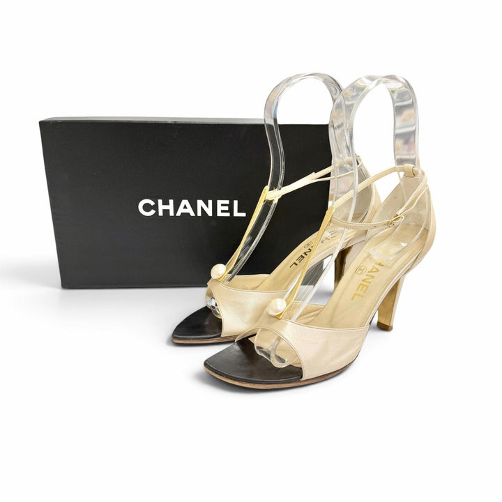 美品△CHANEL シャネル 01P A16562X01005 レザー ココマーク ロゴ エコパール アンクルストラップ オープントゥ サンダル ゴールド 35.5