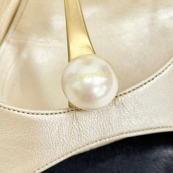 美品△CHANEL シャネル 01P A16562X01005 レザー ココマーク ロゴ エコパール アンクルストラップ オープントゥ サンダル ゴールド 35.5