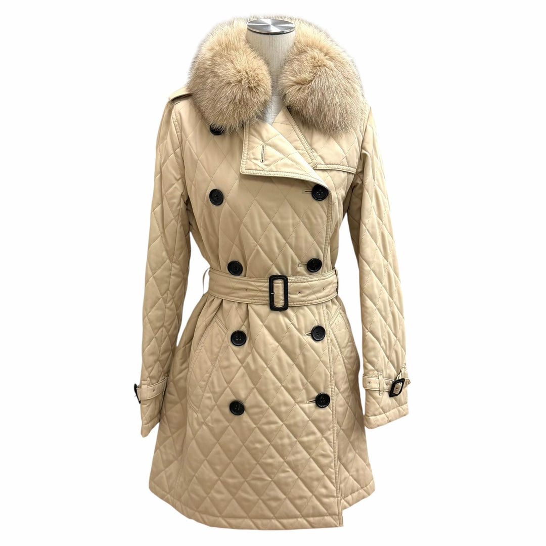 極美品★BURBERRY LONDON バーバリーロンドン FR070-625-41 襟FOXファー 裏地ノバチェック柄 キルティング トレンチコート 38 正規品