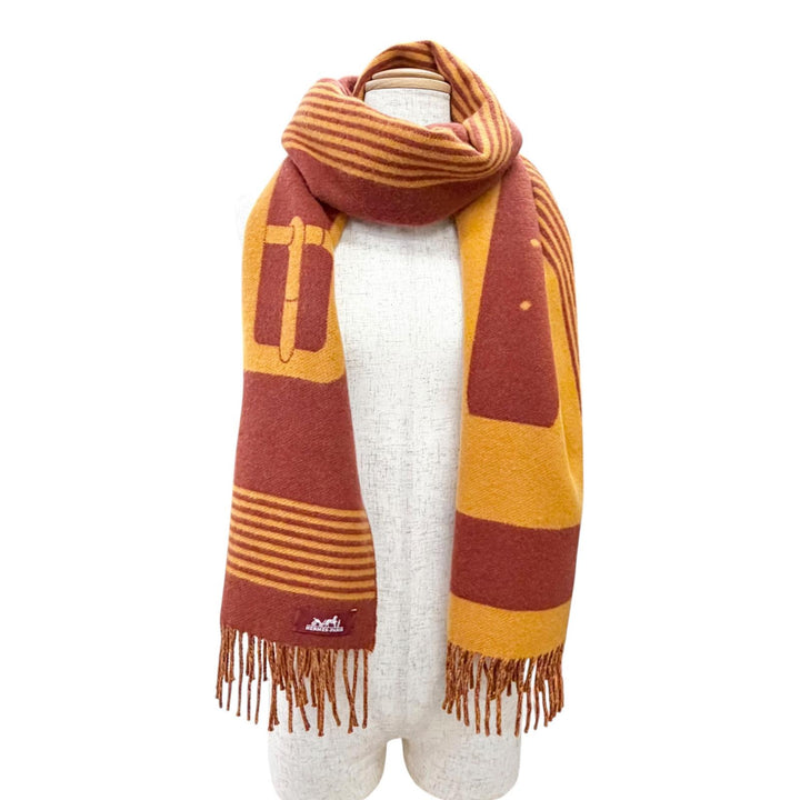 未使用品△HERMES エルメス Sangle a Boucle サングル ア ブックル カシミヤ100％ フリンジ マフラー オレンジブラウン系 英国製 箱付き
