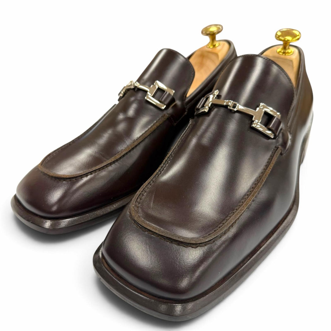 未使用品▼GUCCI グッチ ホースビット スクエアトゥ レザーシューズ ローファー ダークブラウン シルバー金具 IT 42 イタリア製 メンズ