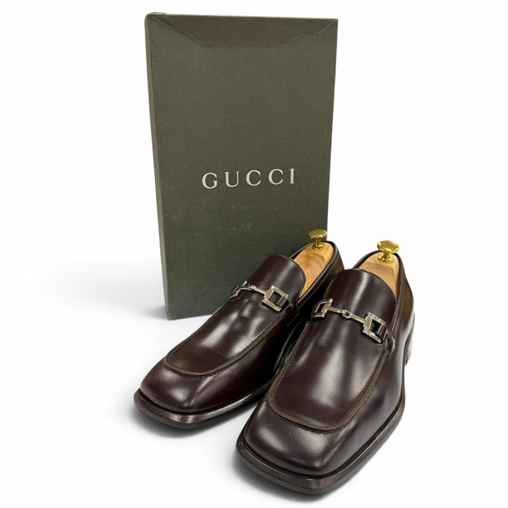 未使用品▼GUCCI グッチ ホースビット スクエアトゥ レザーシューズ ローファー ダークブラウン シルバー金具 IT 42 イタリア製 メンズ