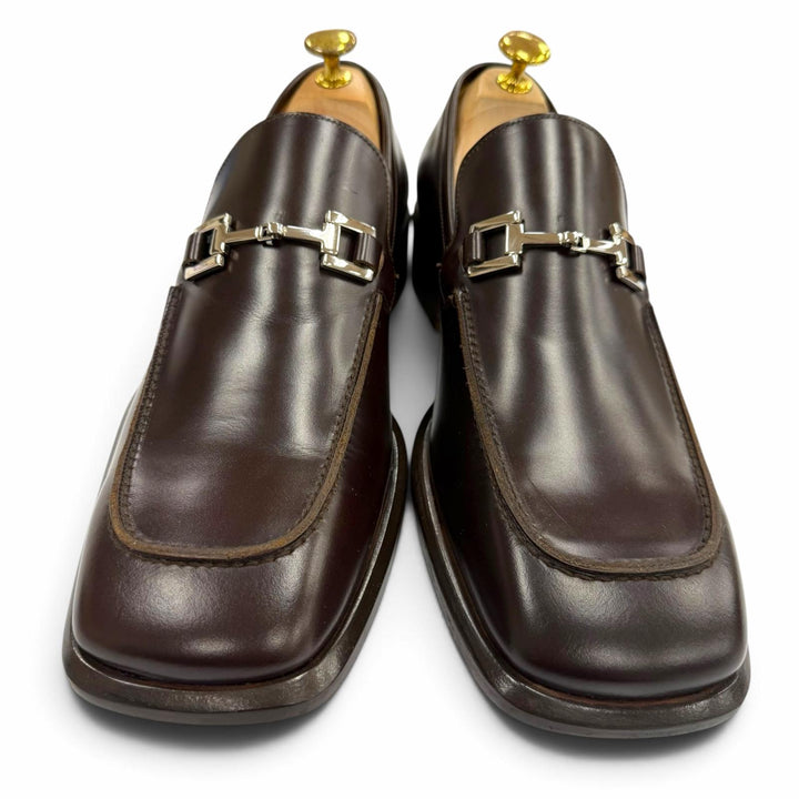 未使用品▼GUCCI グッチ ホースビット スクエアトゥ レザーシューズ ローファー ダークブラウン シルバー金具 IT 42 イタリア製 メンズ