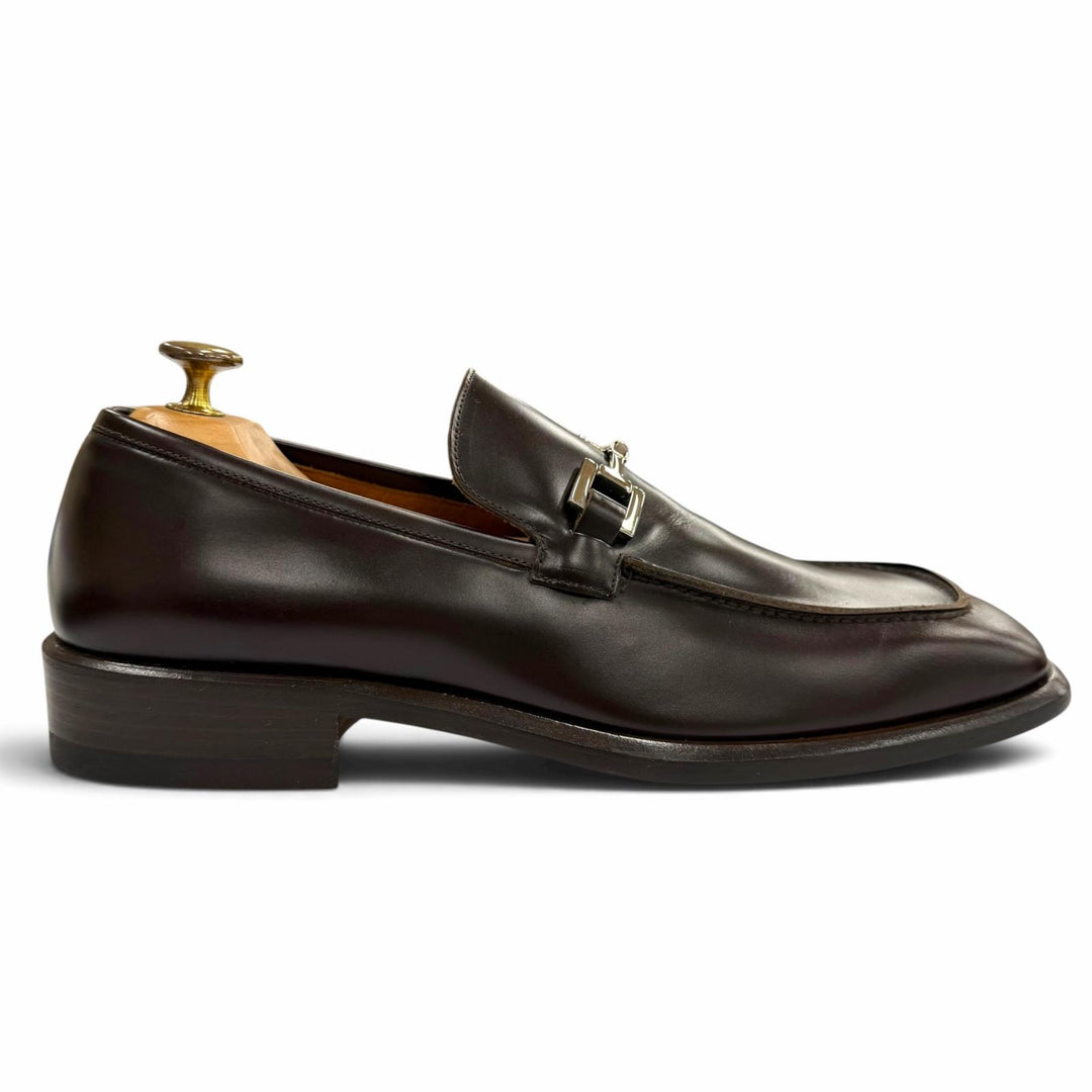 未使用品▼GUCCI グッチ ホースビット スクエアトゥ レザーシューズ ローファー ダークブラウン シルバー金具 IT 42 イタリア製 メンズ