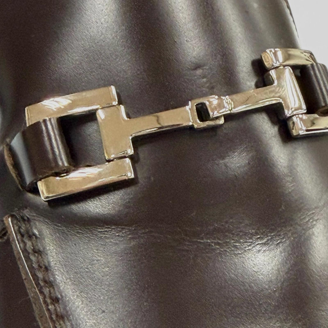 未使用品▼GUCCI グッチ ホースビット スクエアトゥ レザーシューズ ローファー ダークブラウン シルバー金具 IT 42 イタリア製 メンズ