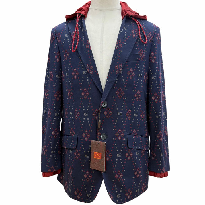 未使用品▼ETRO エトロ 2022年製 ロゴ総柄 レイヤードデザイン ロゴ入りボタン フーデッド シングルジャケット テーラード 紺 50 正規品
