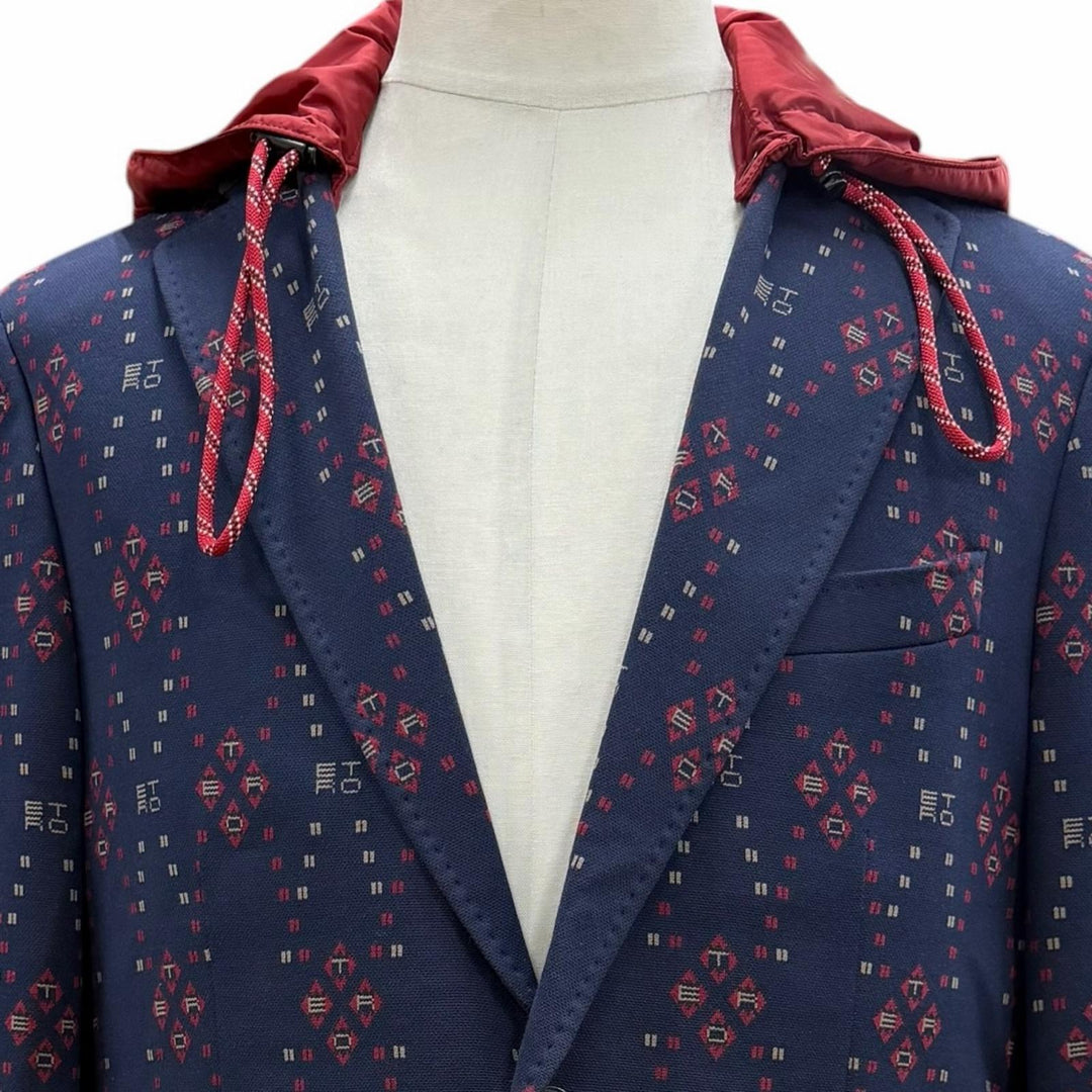 未使用品▼ETRO エトロ 2022年製 ロゴ総柄 レイヤードデザイン ロゴ入りボタン フーデッド シングルジャケット テーラード 紺 50 正規品