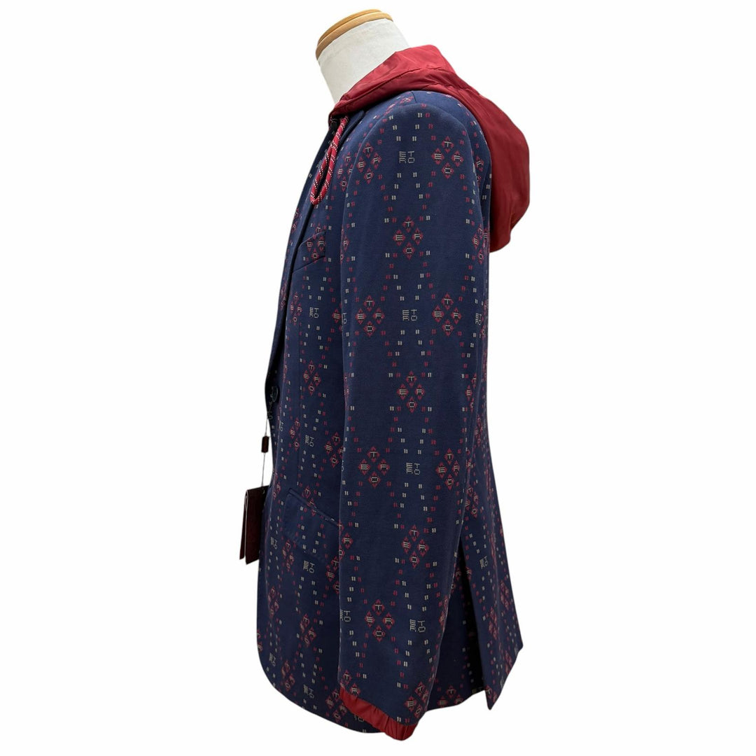 未使用品▼ETRO エトロ 2022年製 ロゴ総柄 レイヤードデザイン ロゴ入りボタン フーデッド シングルジャケット テーラード 紺 50 正規品