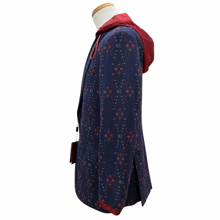 未使用品▼ETRO エトロ 2022年製 ロゴ総柄 レイヤードデザイン ロゴ入りボタン フーデッド シングルジャケット テーラード 紺 50 正規品
