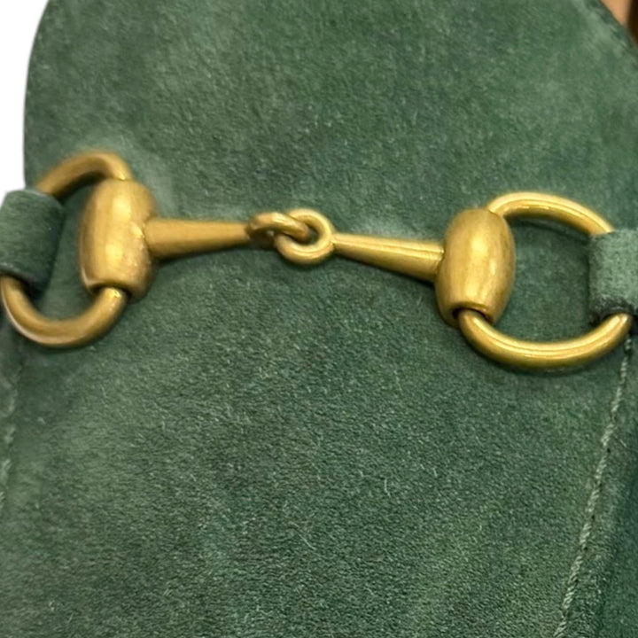 未使用品□GUCCI グッチ 406994 スウェードレザー ホースビット モカシン ローファー グリーン ゴールド金具 7 イタリア製 メンズ 箱付き