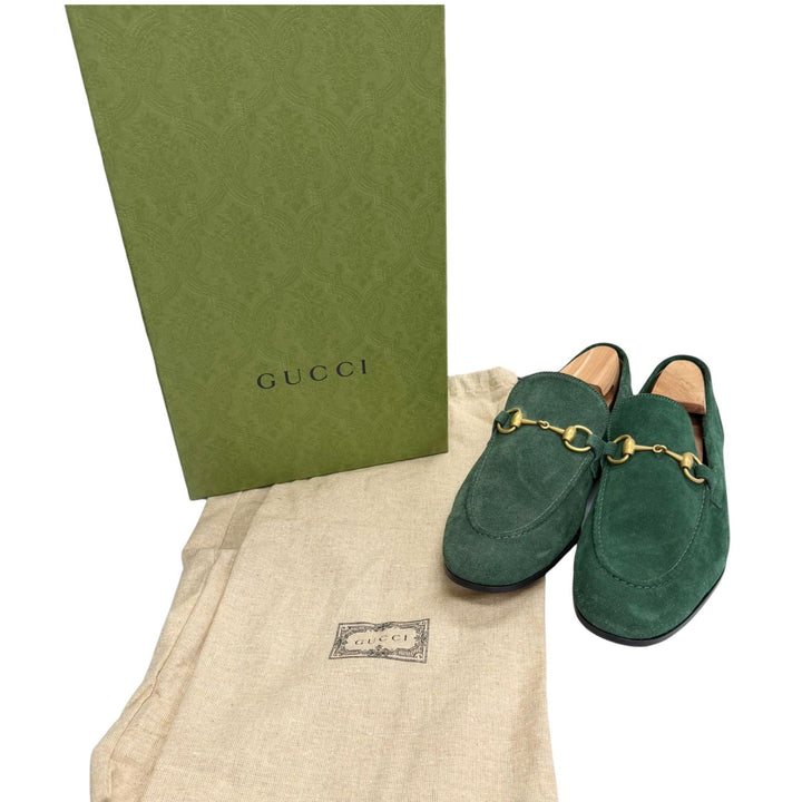 未使用品□GUCCI グッチ 406994 スウェードレザー ホースビット モカシン ローファー グリーン ゴールド金具 7 イタリア製 メンズ 箱付き