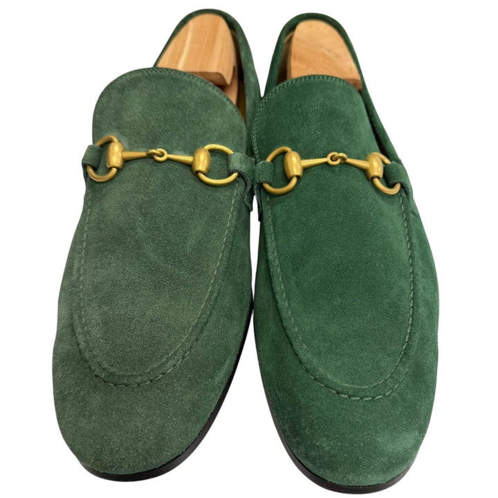 未使用品□GUCCI グッチ 406994 スウェードレザー ホースビット モカシン ローファー グリーン ゴールド金具 7 イタリア製 メンズ 箱付き