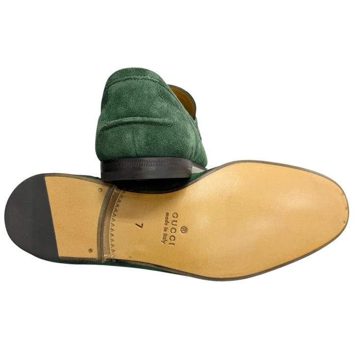 未使用品□GUCCI グッチ 406994 スウェードレザー ホースビット モカシン ローファー グリーン ゴールド金具 7 イタリア製 メンズ 箱付き