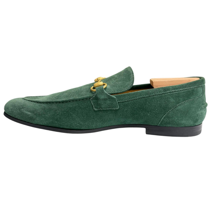 未使用品□GUCCI グッチ 406994 スウェードレザー ホースビット モカシン ローファー グリーン ゴールド金具 7 イタリア製 メンズ 箱付き