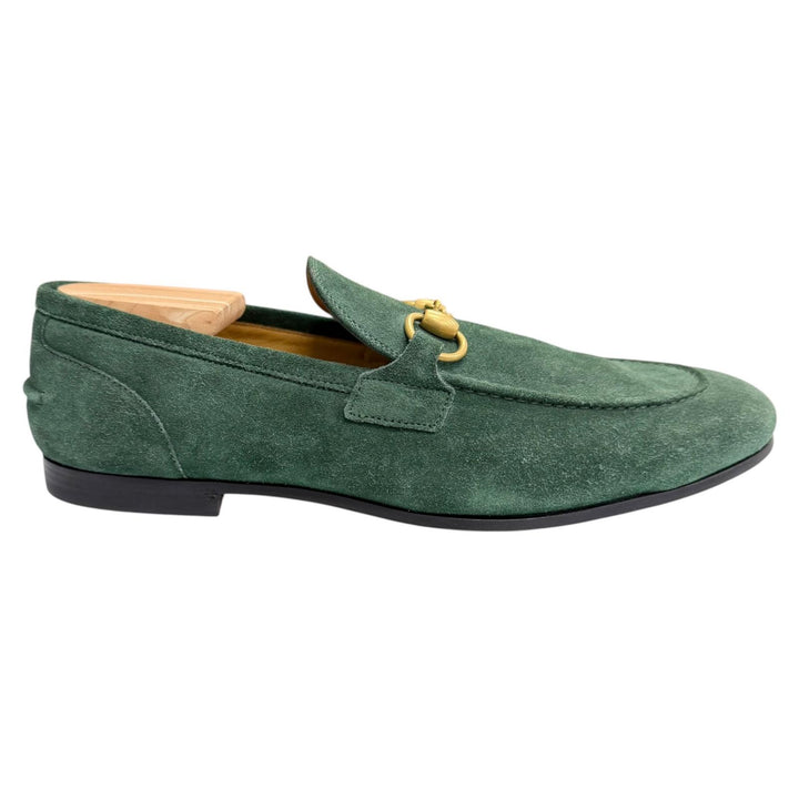 未使用品□GUCCI グッチ 406994 スウェードレザー ホースビット モカシン ローファー グリーン ゴールド金具 7 イタリア製 メンズ 箱付き