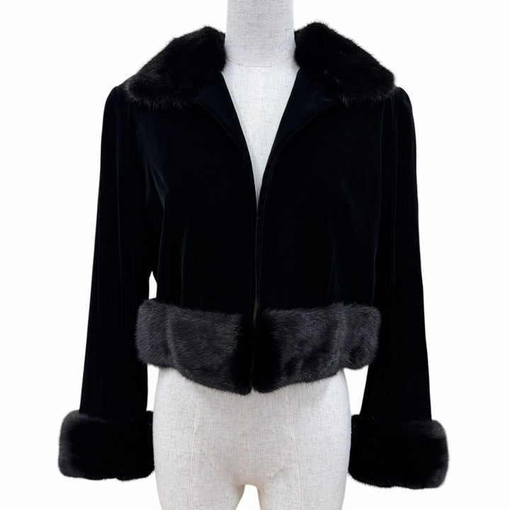極美品☆LEONARD FASHION レオナール ファッション シルク100％ ミンク使い 裏地ペイズリー柄 ジャケット ブラック 9 日本製 正規品