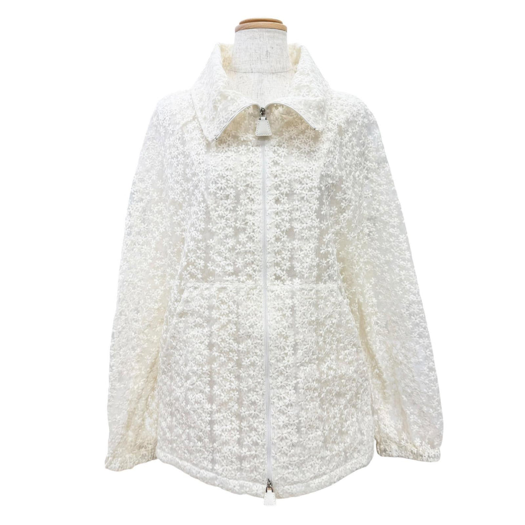 未使用品△AKRIS アクリス シルク フラワーエンブロイダリー レザージップ レースブルゾン ジャケット アイボリー 42 正規品 レディース