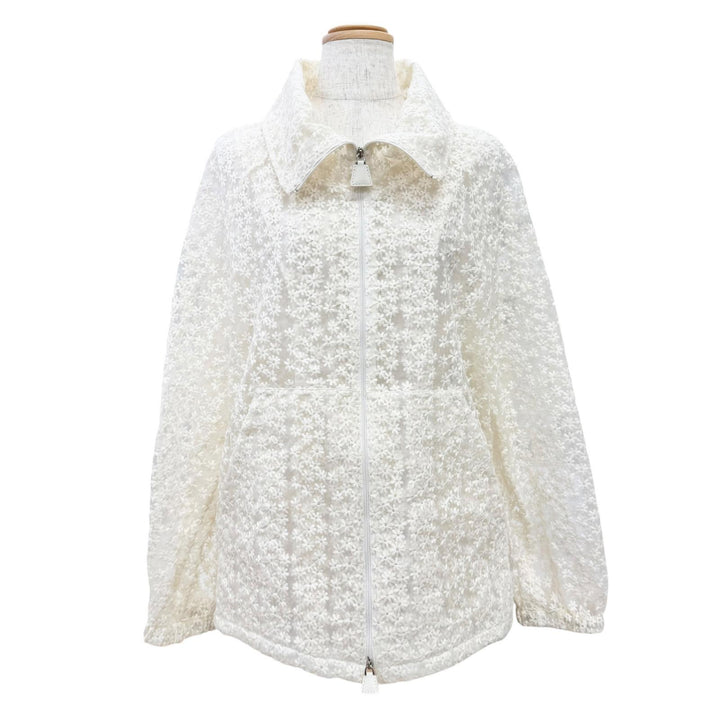 未使用品△AKRIS アクリス シルク フラワーエンブロイダリー レザージップ レースブルゾン ジャケット アイボリー 42 正規品 レディース